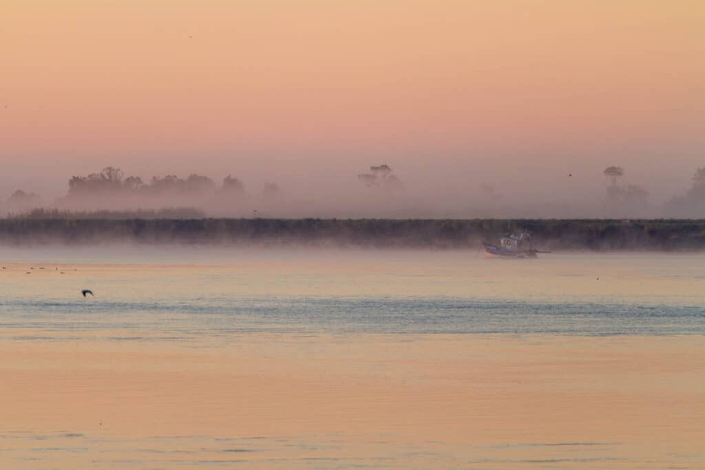 bateau sur la loire dans la brume avec des couleurs rose orange